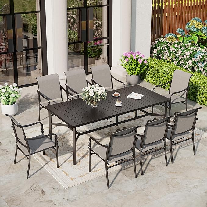 Sunshine Valley Outdoor Table and Chairs 9‑Piece Black Patio Dining Set (Extendable Table + 8 Swivel Chairs)
