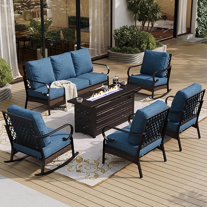 Sunshine Valley 6‑Piece Wicker Conversation Set with Fire Pit & Blue CUSHION PRO Cushions (CR007‑09‑7‑BU‑GS103)
